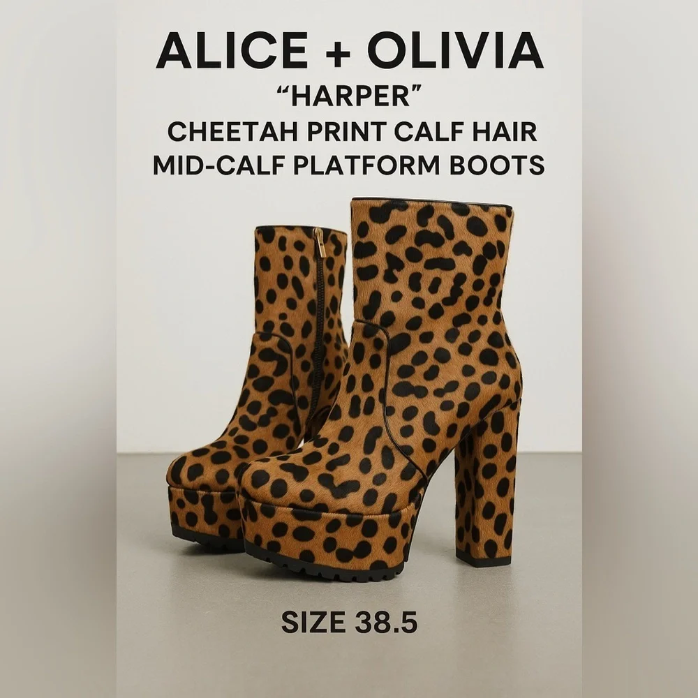 Alice + Olivia Harper Cheetah Print Calf Hair Mid-Calf Platform Boots Size 38.5